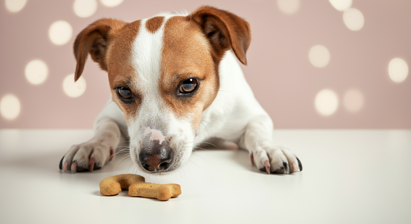 クエスチョンマークの形をしたドッグトリーツの匂いを嗅ぐ犬。