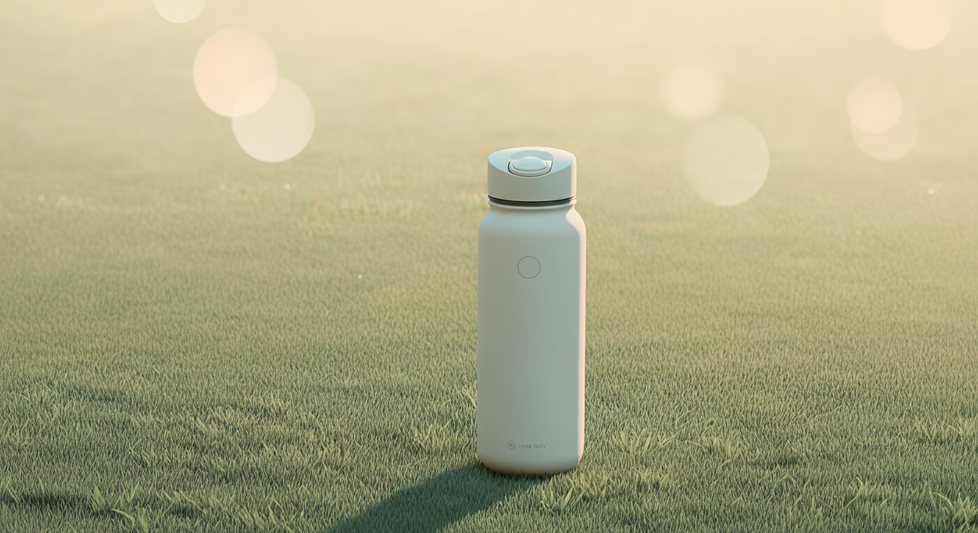 ドッグランの芝生の上に置かれた、シンプルでモダンな白い犬用給水ボトル。朝日を浴びて長い影を落としている。