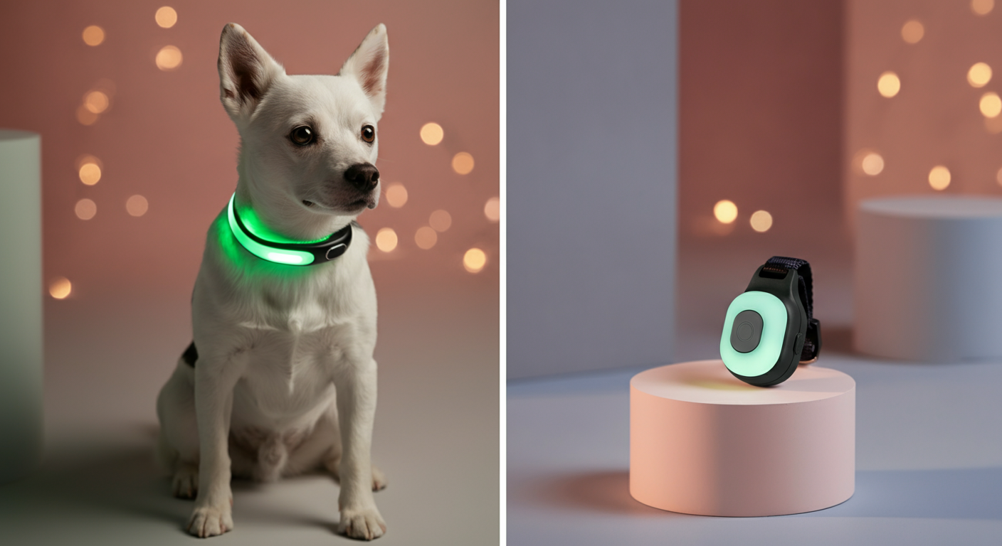 光る首輪とクリップ式のチャームライトが並べて展示されている。それぞれのスタイルの違いを比較している。