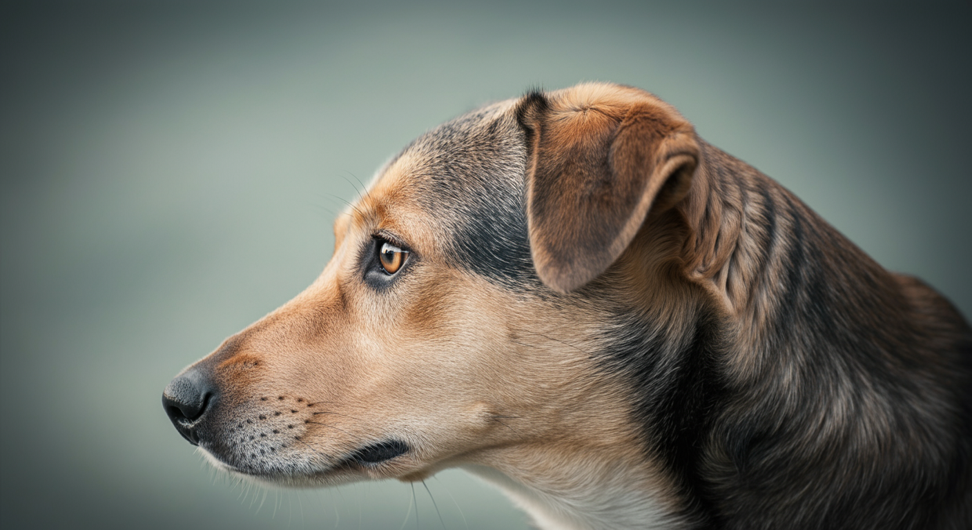 何かを考えているような表情のメス犬の顔のクローズアップ。背景は柔らかくぼけている。
