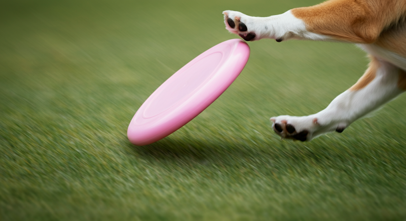 芝生の上を転がるフリスビーを追いかけようとする犬の足元