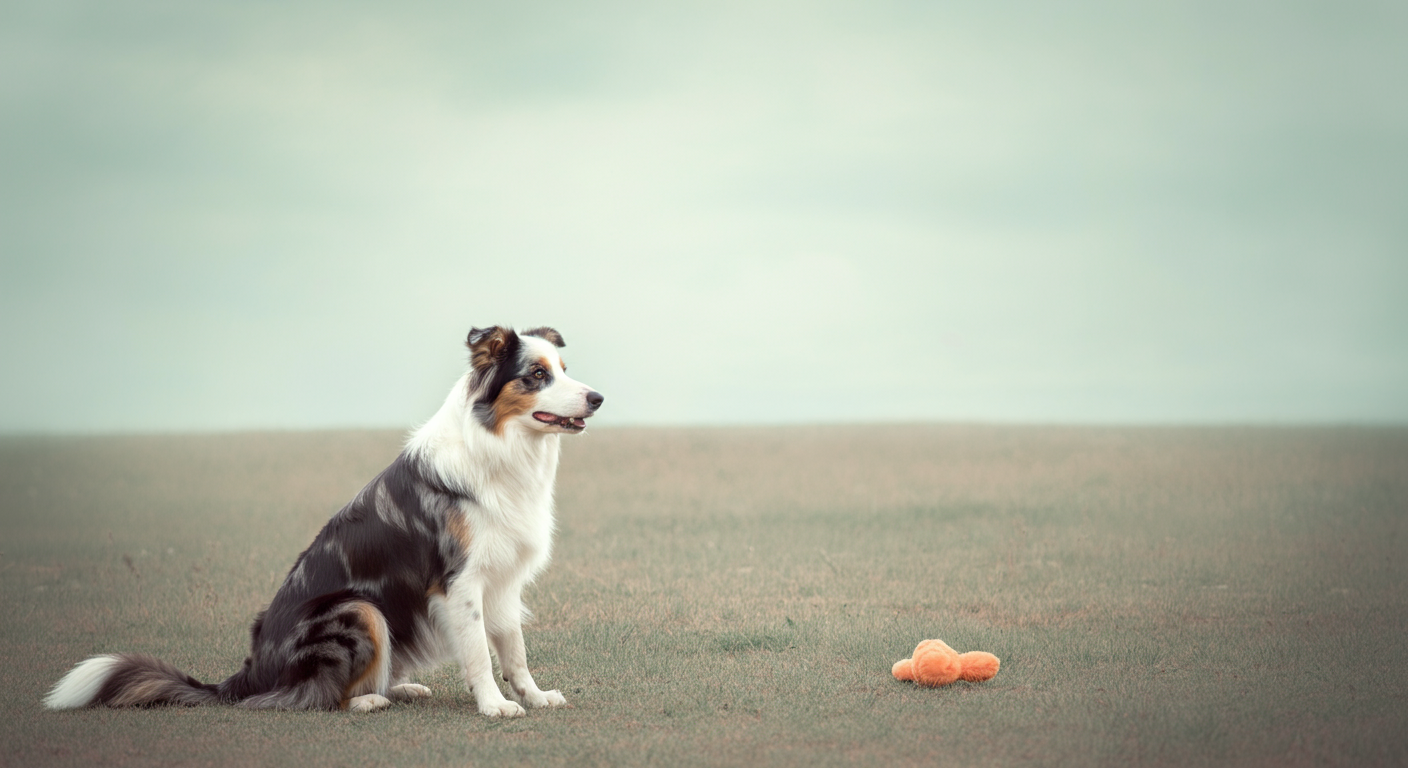 広大な野原で、遠くに置かれたおもちゃから目をそらし、落ち着いて座っている一匹の犬。
