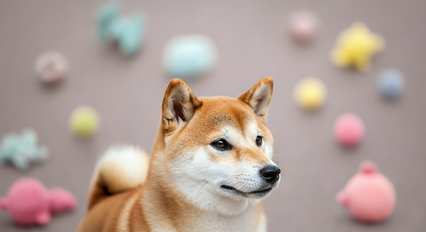 注意深く何かを聞いている柴犬の片耳のアップ。背景は他の犬やおもちゃを象徴するパステルカラーのぼやけた形で満ちており、多くの誘惑があることを示している。