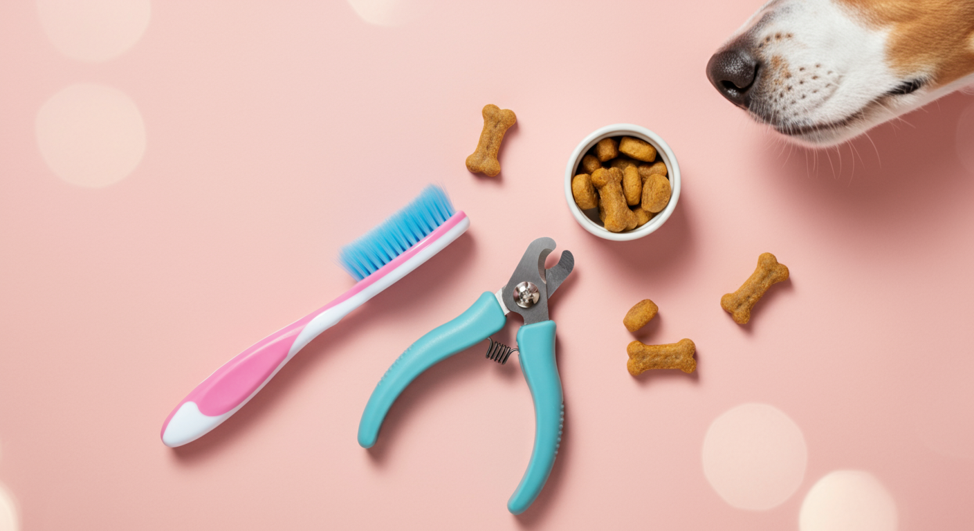 歯ブラシの横に置かれたおやつを、犬が鼻先でクンクンと匂いを嗅いでいる写真。