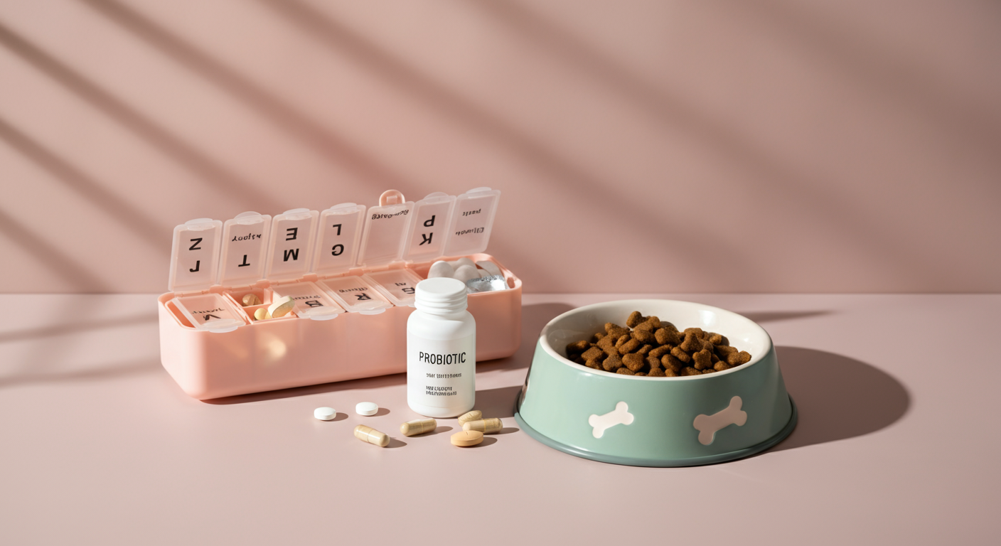 日々の健康習慣を象徴する、ドッグフードボウルの隣に置かれたピルケースと乳酸菌サプリメント。
