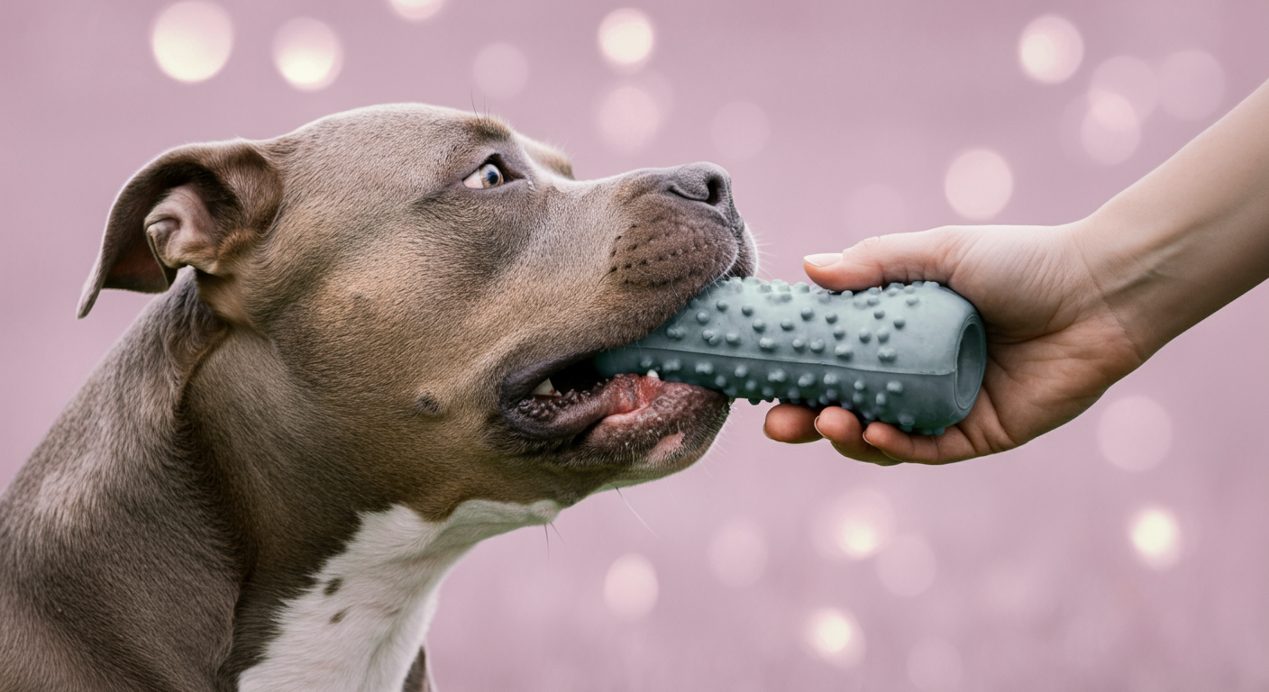 丈夫なおもちゃを犬に差し出す飼い主の手