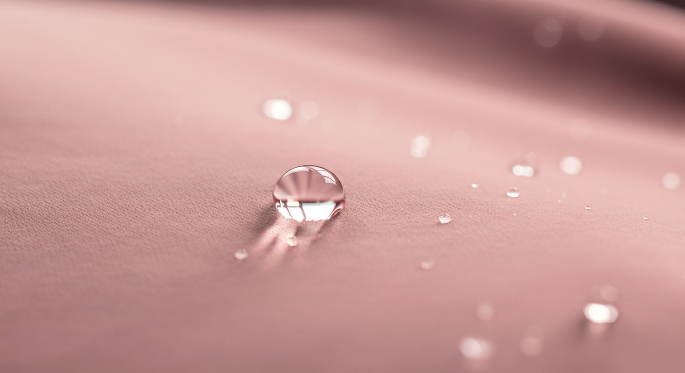 防水性の高いパステルピンクの生地の上で、水滴が玉のようになっている様子のクローズアップ写真。