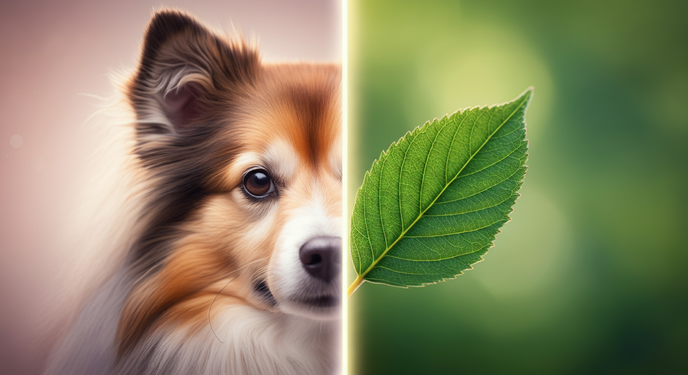 画面が左右に分割され、左には犬のふわふわした毛のアップ、右には緑の葉がぼやけて写っている。二つの間には柔らかな光の線があり、バランスの取れた選択を象徴している。