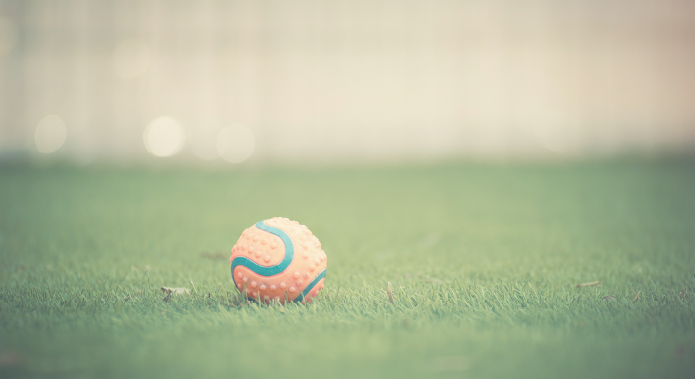 ドッグランの緑の芝生の上に、ぽつんと一つだけ置かれた犬用のおもちゃのボール