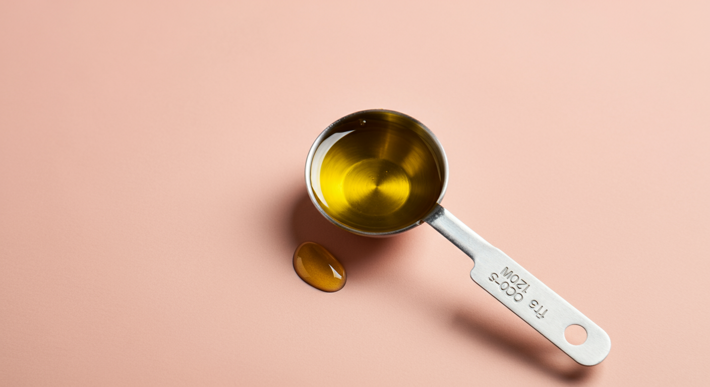 計量スプーンに注がれた少量のサーモンオイルのクローズアップ写真。