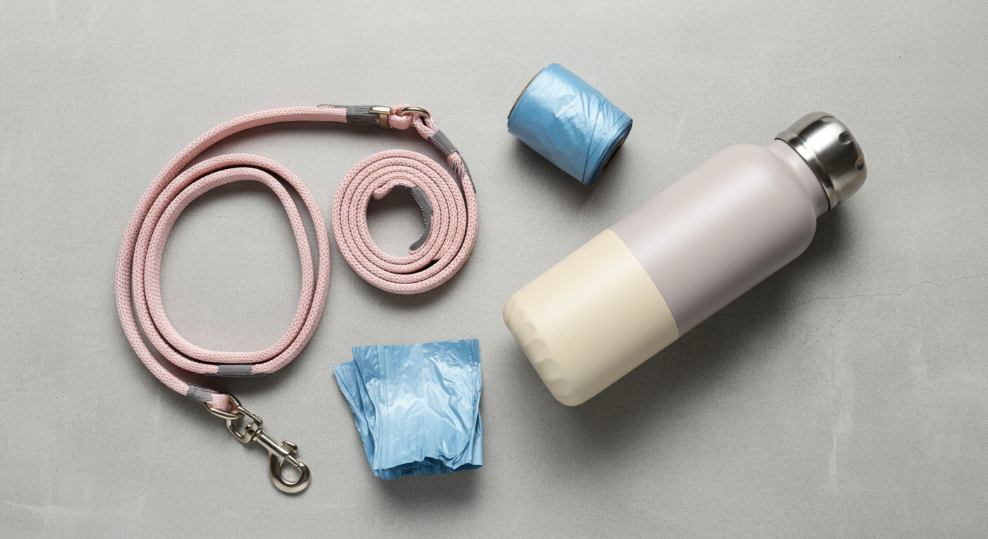 ミニマルな背景に、リード、うんち袋、水筒といったドッグランの基本的な持ち物が配置されている。