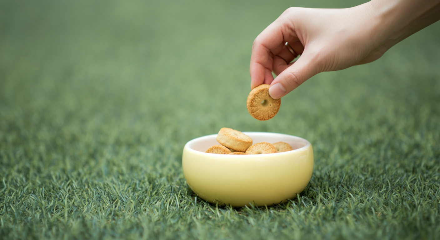 緑の芝生の上に置かれたパステルイエローのボウルに、飼い主がおやつを一粒入れている様子のクローズアップ。