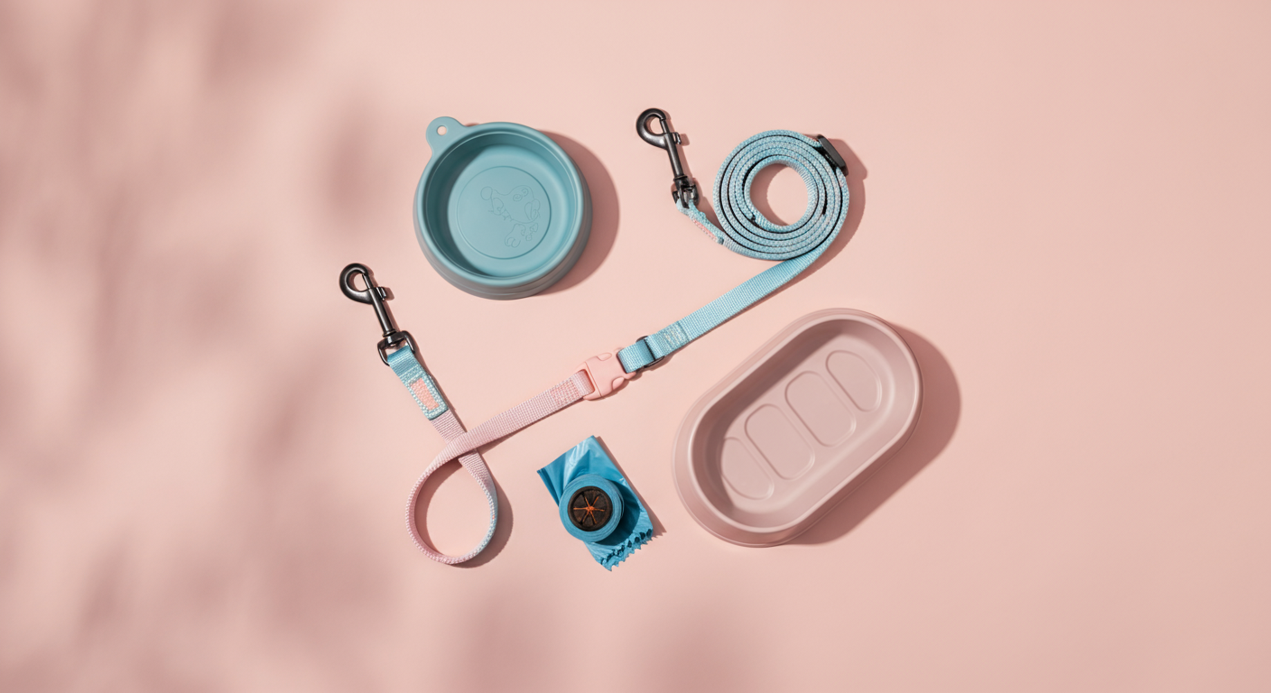 パステルカラーのリード、折りたたみ式の水飲みボウル、うんち袋のロールが並べられた、おしゃれなフラットレイ写真。