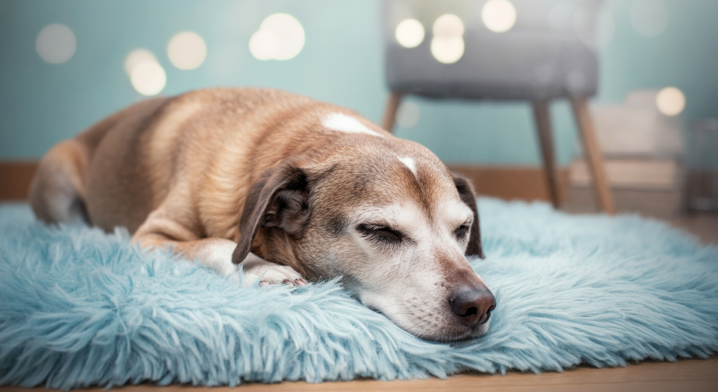 柔らかいラグの上で穏やかに眠っているシニア犬。