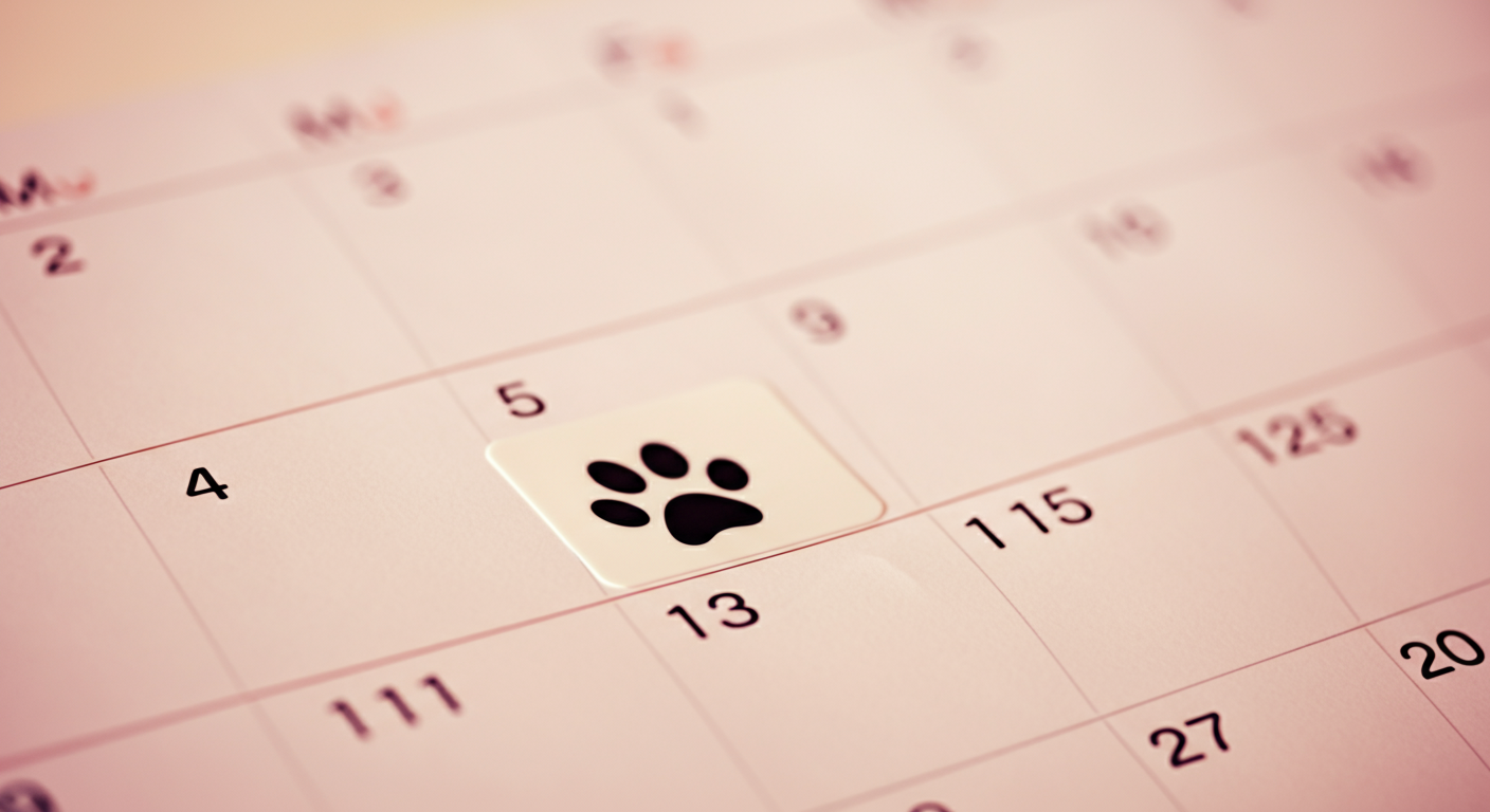 ミニマルなデザインのカレンダーに、犬の足跡シールが一つ貼られている様子の抽象的な写真。