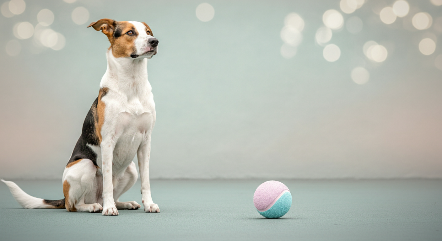 犬がお座りをして、目の前のボールをじっと待っている横顔