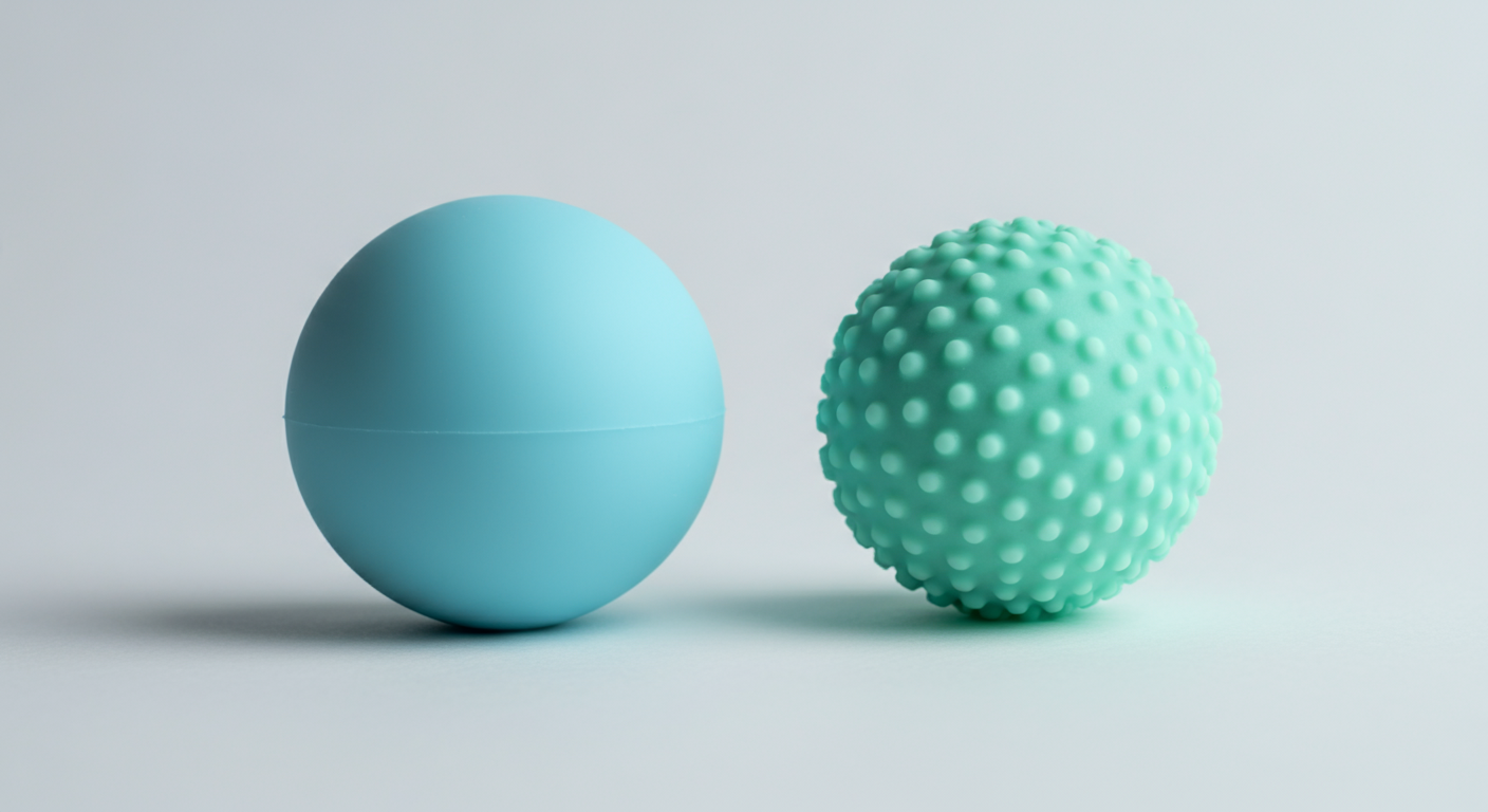 滑らかなシリコン製ボールと質感のあるゴム製ボールが並んでいる、モダンでミニマルな写真。
