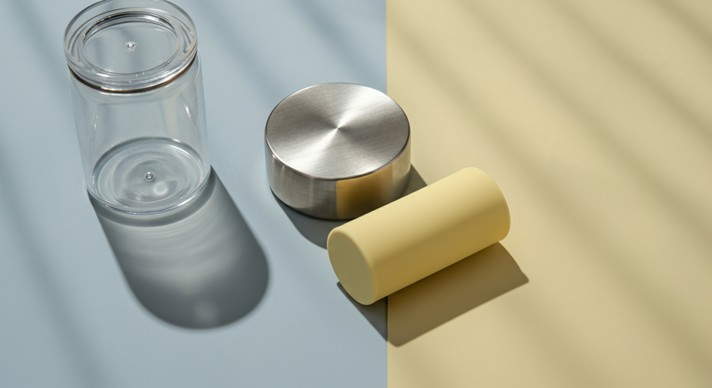 プラスチック、ステンレス、シリコンという3つの異なる素材の質感がわかる抽象的な写真。
