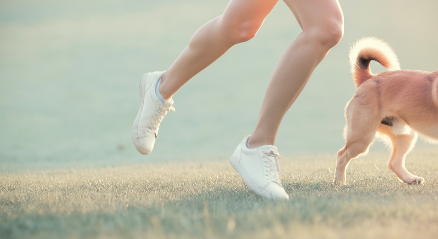 芝生の上を走る飼い主の足元と、その少し前を走る犬の楽しそうな尻尾の動きを捉えたブレ感のある写真。