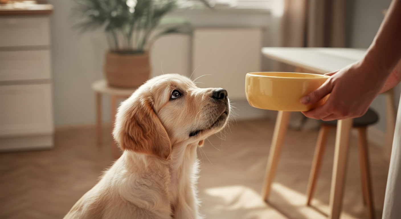 家の中で、特別なパステルイエローのボウルを持つ飼い主を嬉しそうに見上げるゴールデンレトリバーの子犬。