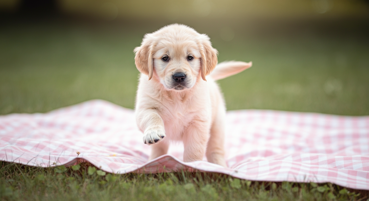 緑の芝生に広げられたパステルピンクのレジャーシートに、ゴールデンレトリバーの子犬がそっと前足を乗せている様子。