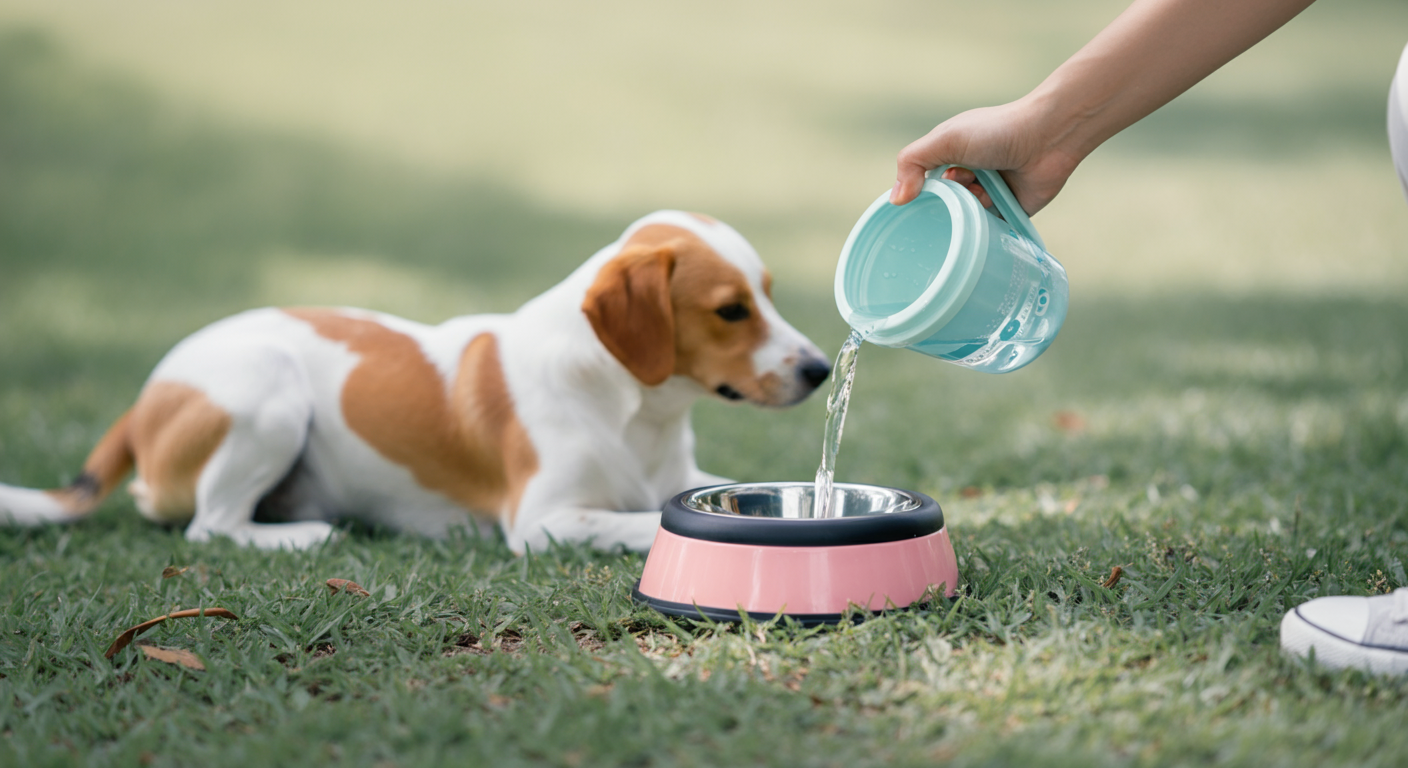 飼い主が犬用給水ボウルに残った水を、ドッグランの隅の草むらに捨てている様子。