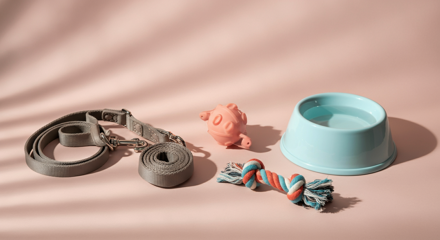 パステルカラーの背景に、リード、水飲みボウル、おもちゃがミニマルに配置されている。