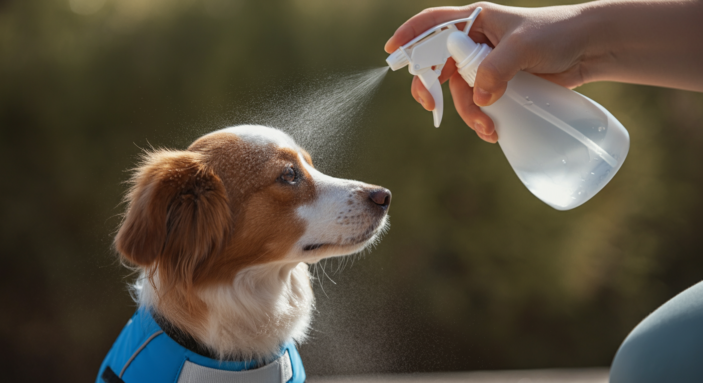 犬が着ているクールウェアに、霧吹きで水をかけている様子のクローズアップ。