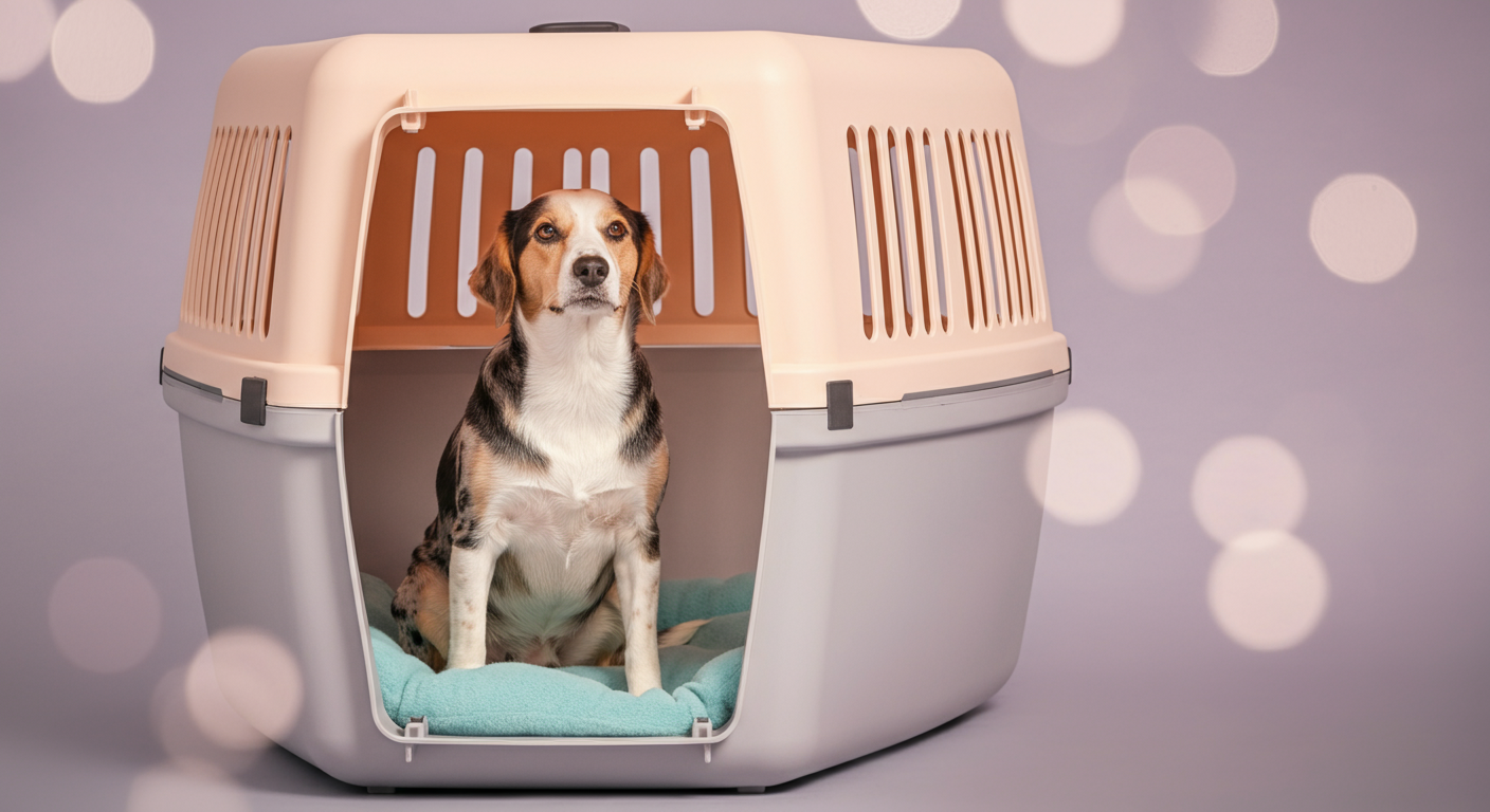 扉が開いたクレートの中で、一匹の犬が落ち着いて座り、飼い主の指示を待っている様子の写真。