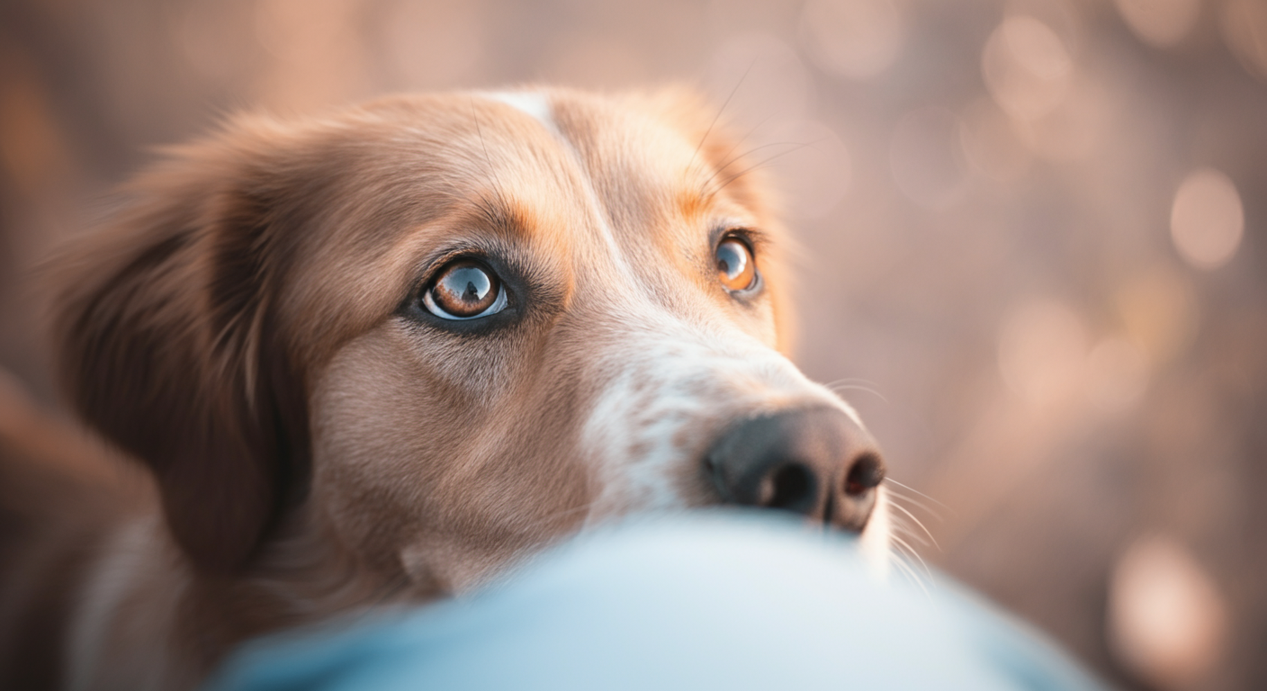 飼い主を信頼しきった目で見上げる、一匹の犬の瞳のクローズアップ写真。