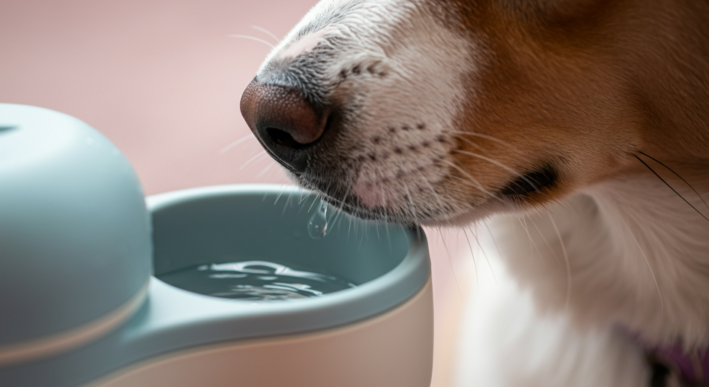 お皿一体型の給水ボトルの飲み口に水滴がついているクローズアップ写真。