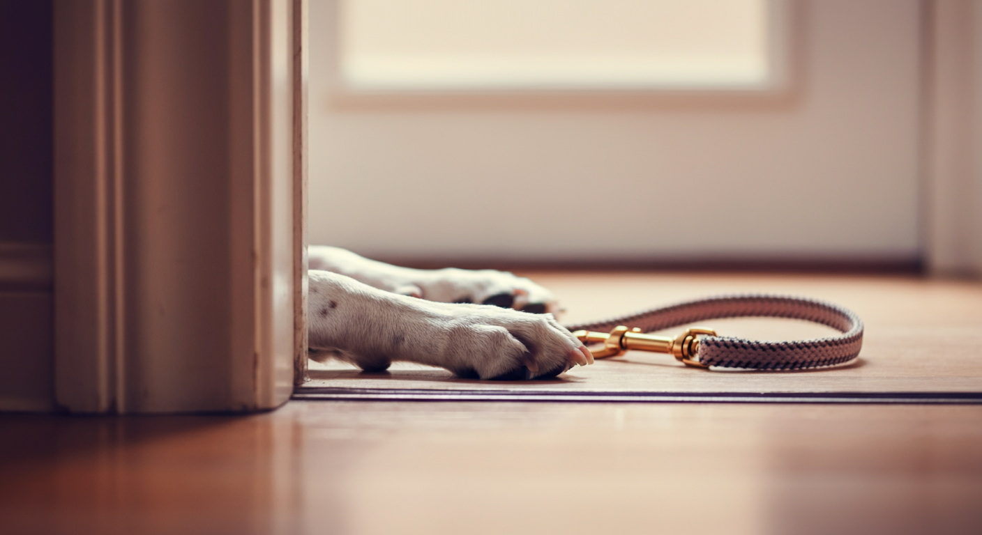 玄関先でリードの横に置かれた犬の足元。お出かけ前の期待感を表現した写真