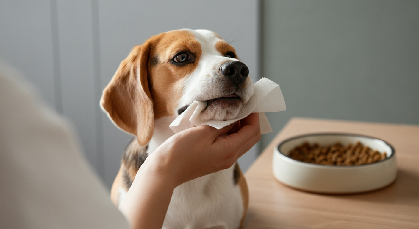 飼い主が食事を終えたビーグルの口元をウェットティッシュで優しく拭いている様子を、柔らかい自然光の中で撮影したミニマルな写真。