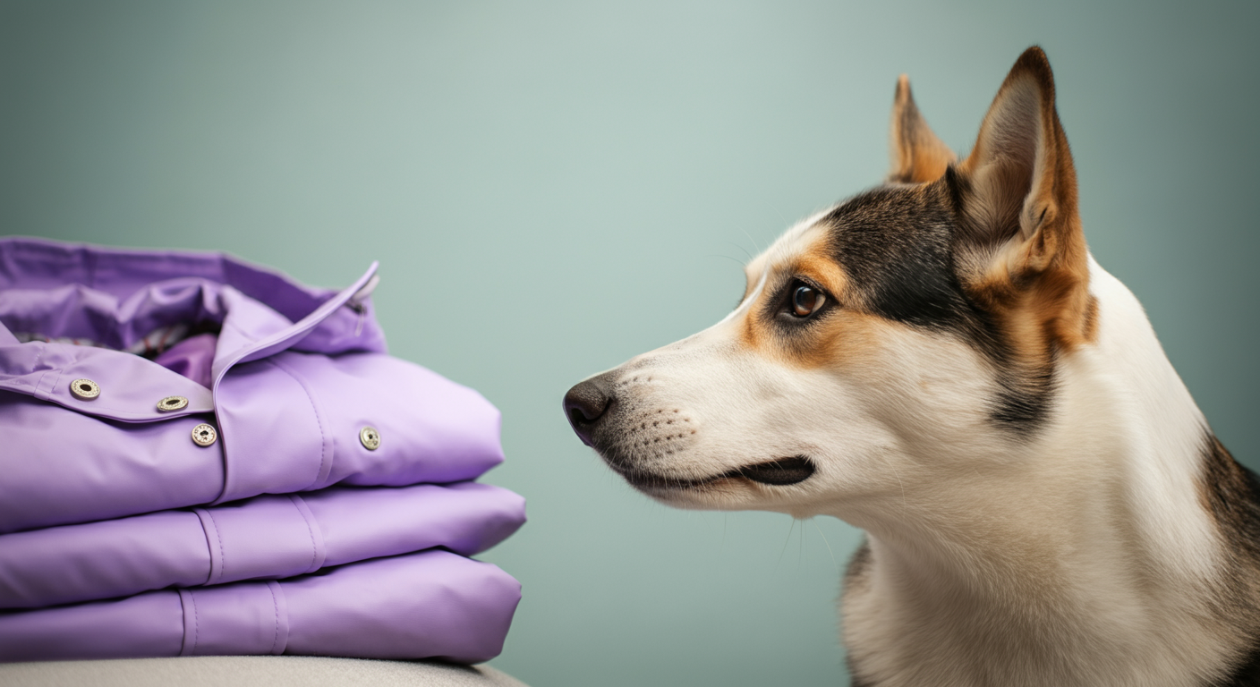 ラベンダー色のレインコートから顔をそむける犬の横顔のクローズアップ。少し緊張した表情をしている。