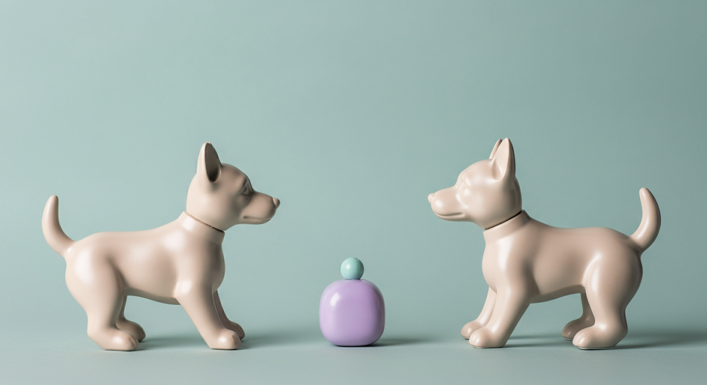 パステルカラーのおもちゃを挟んで、2匹の犬を模した抽象的なフィギュアが対峙している。緊張感が漂う構図の写真。