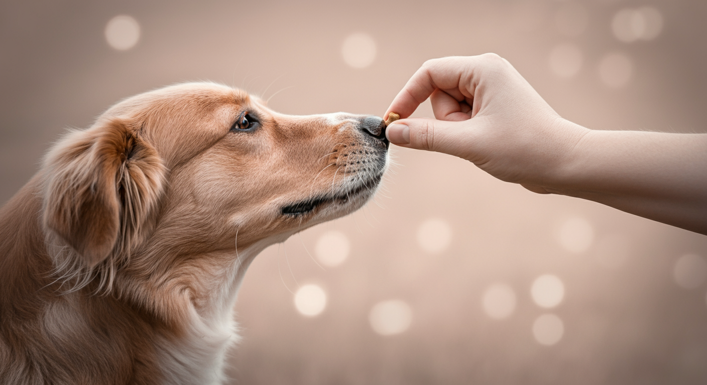犬におやつを優しく与えている人の手元