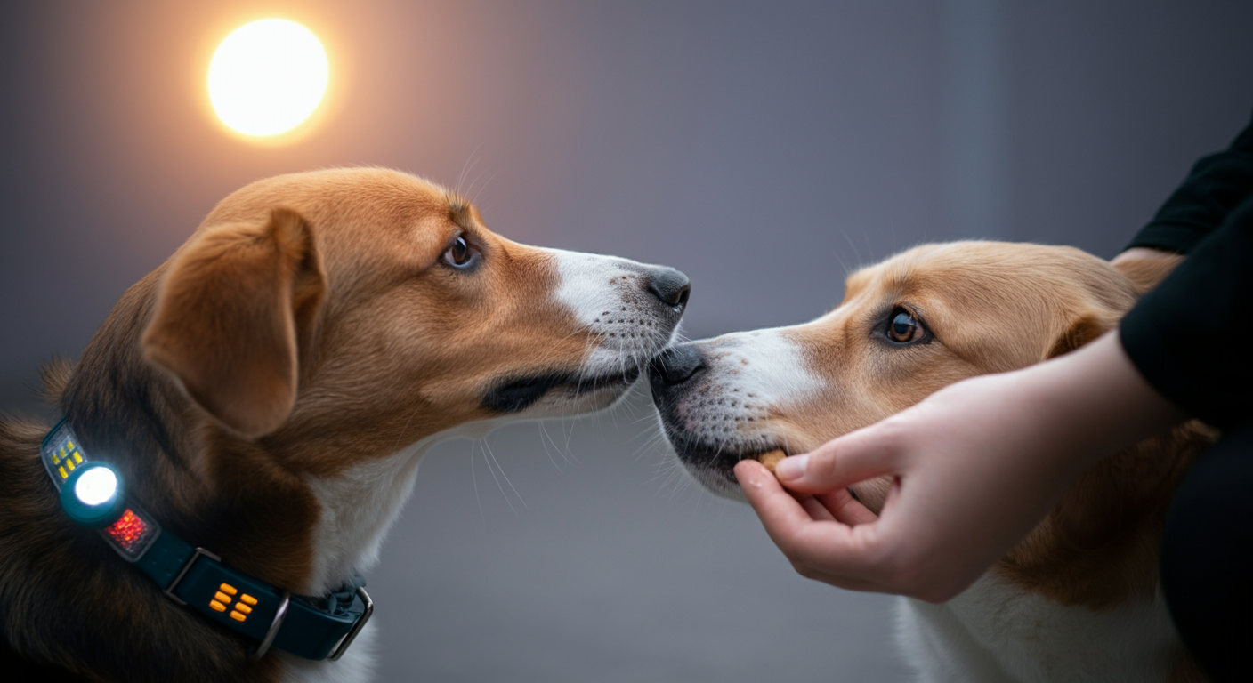 犬の首輪についたライトが背景でぼんやり光る中、飼い主の手が犬におやつを与えているクローズアップ写真。
