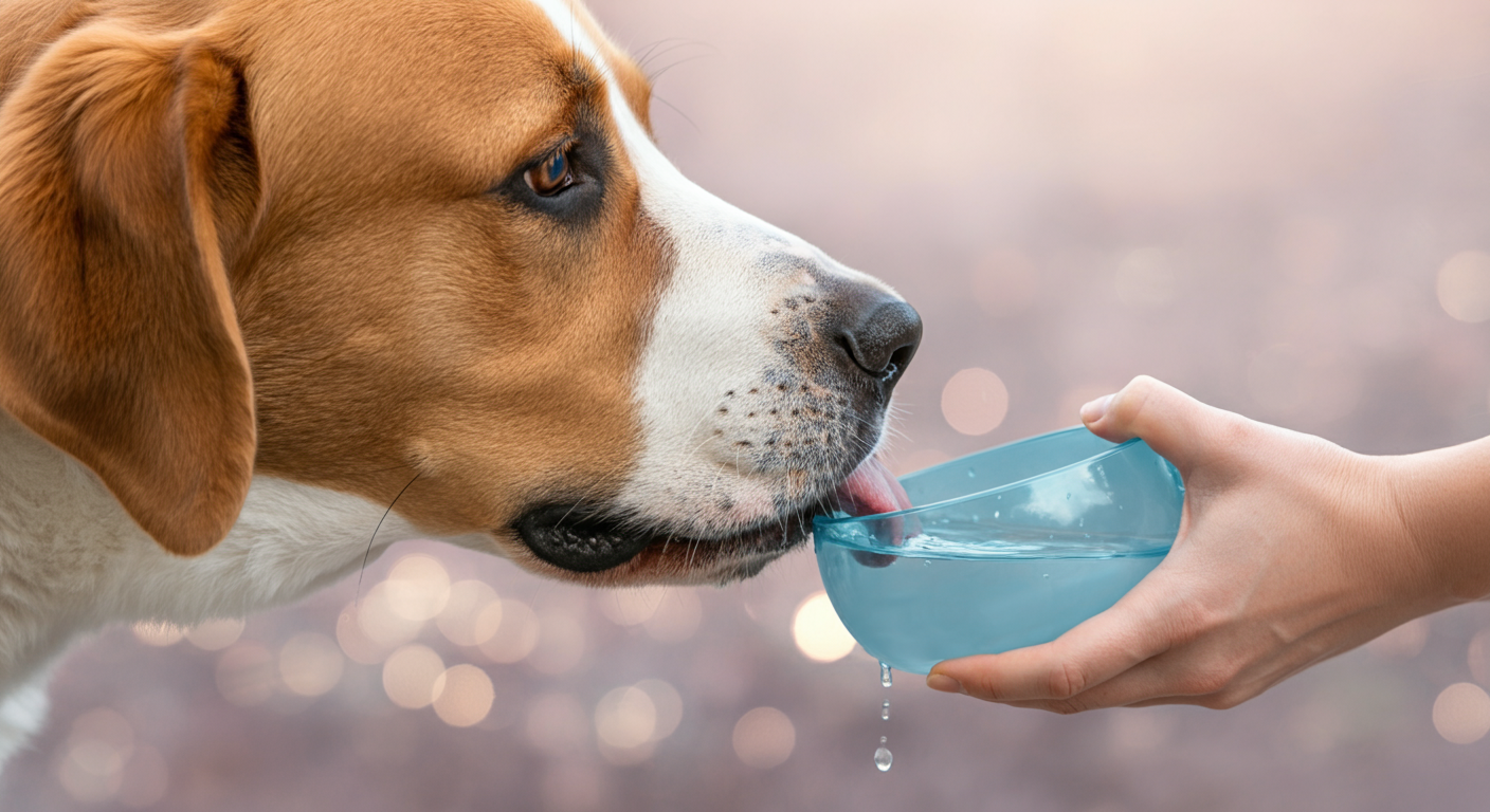 飼い主が持つ給水ボトルから、大型犬が静かに水を飲んでいる様子のクローズアップ。犬の鼻先と水にピントが合っている。