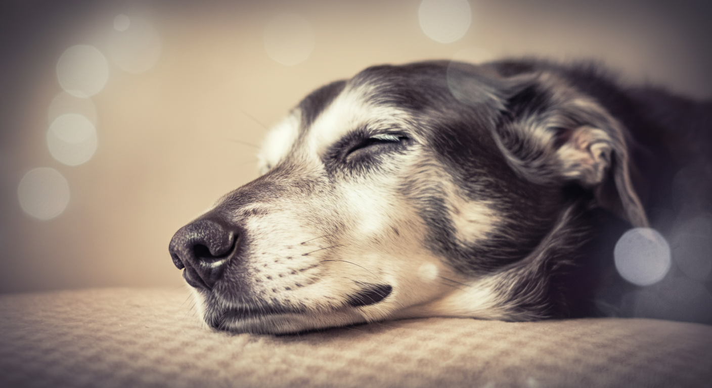 白髪の混じったマズルで穏やかに眠るシニア犬の顔のアップ
