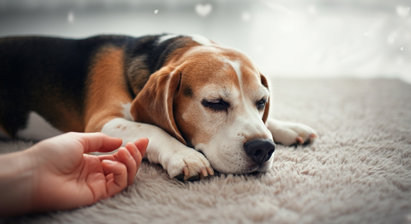 ラグの上で眠るシニア犬のそばに、飼い主の手が優しく添えられている。