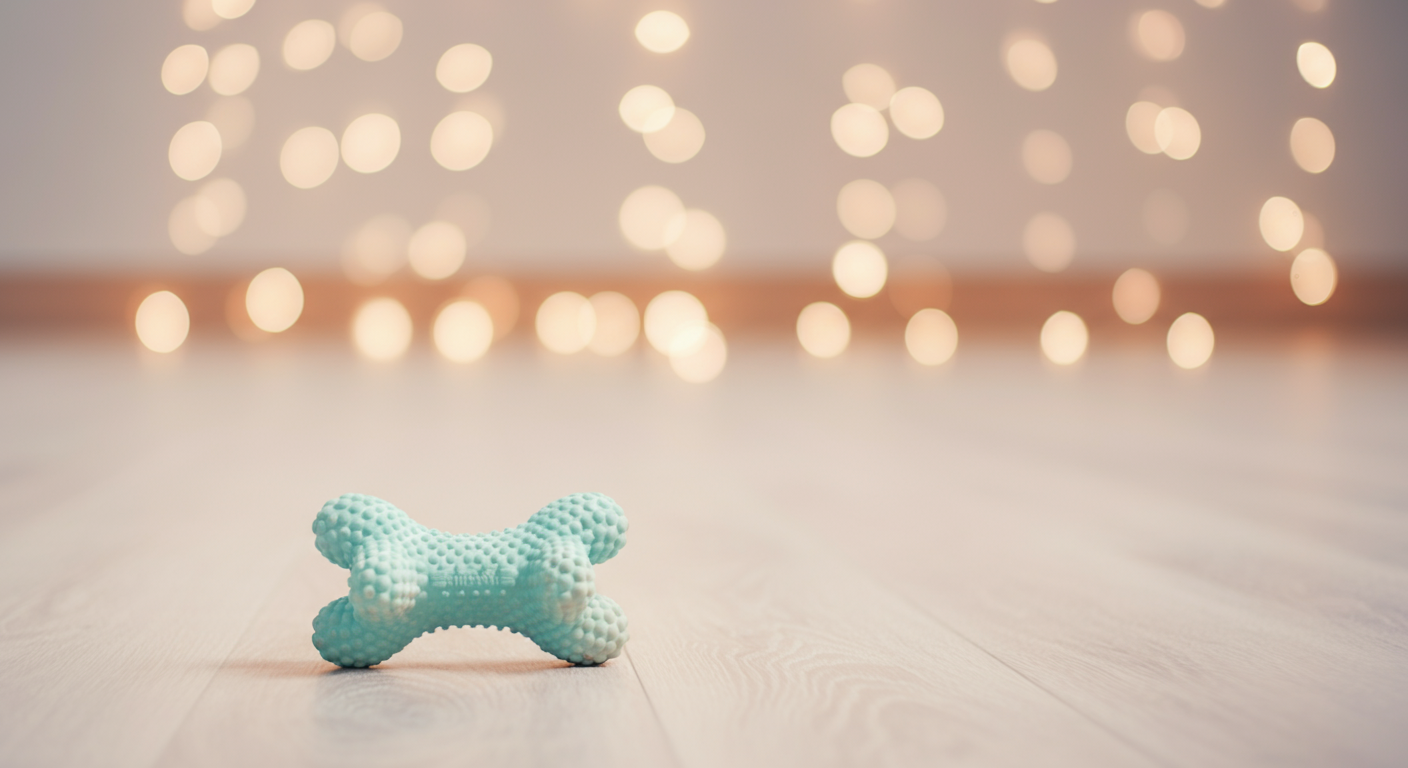 明るい色の床に置かれた、パステルカラーの子犬用おもちゃ。