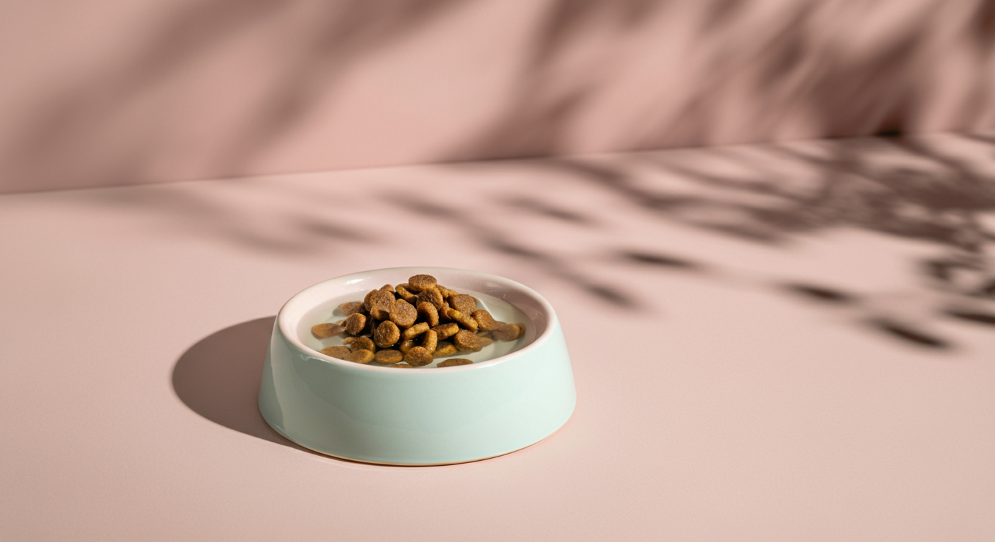 水分を含んだスープ状のものが混ぜられた、少量のドッグフードが入ったシンプルな陶器のボウル。さっぱりとして食べやすそうに見える。