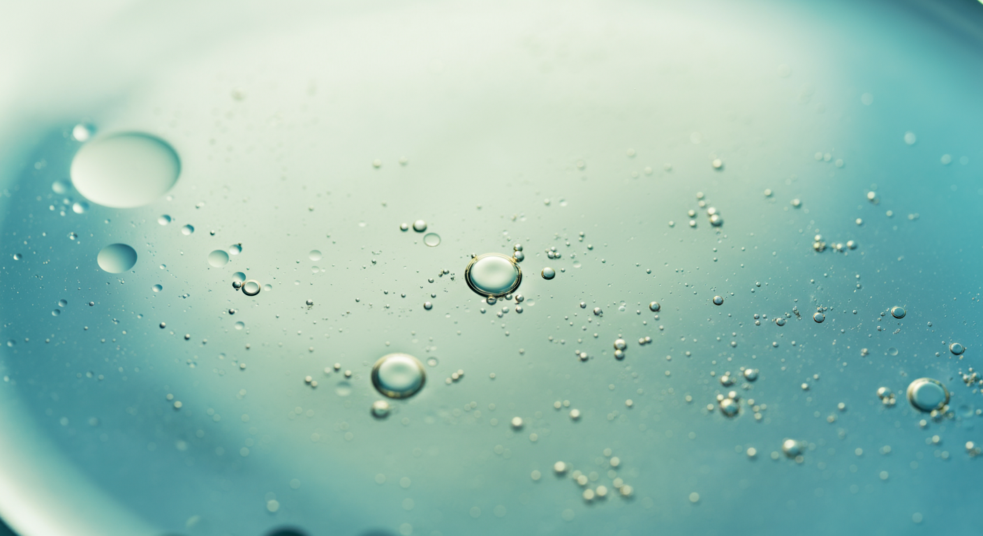 脂肪がエネルギーに変わる様子をイメージした、油滴が光に向かって移動する抽象写真。