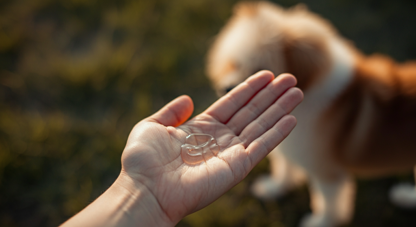 手のひらに透明なジェル状の虫除け剤が少量乗っているクローズアップ。背景では、犬のふわふわした尻尾が優しく揺れている。