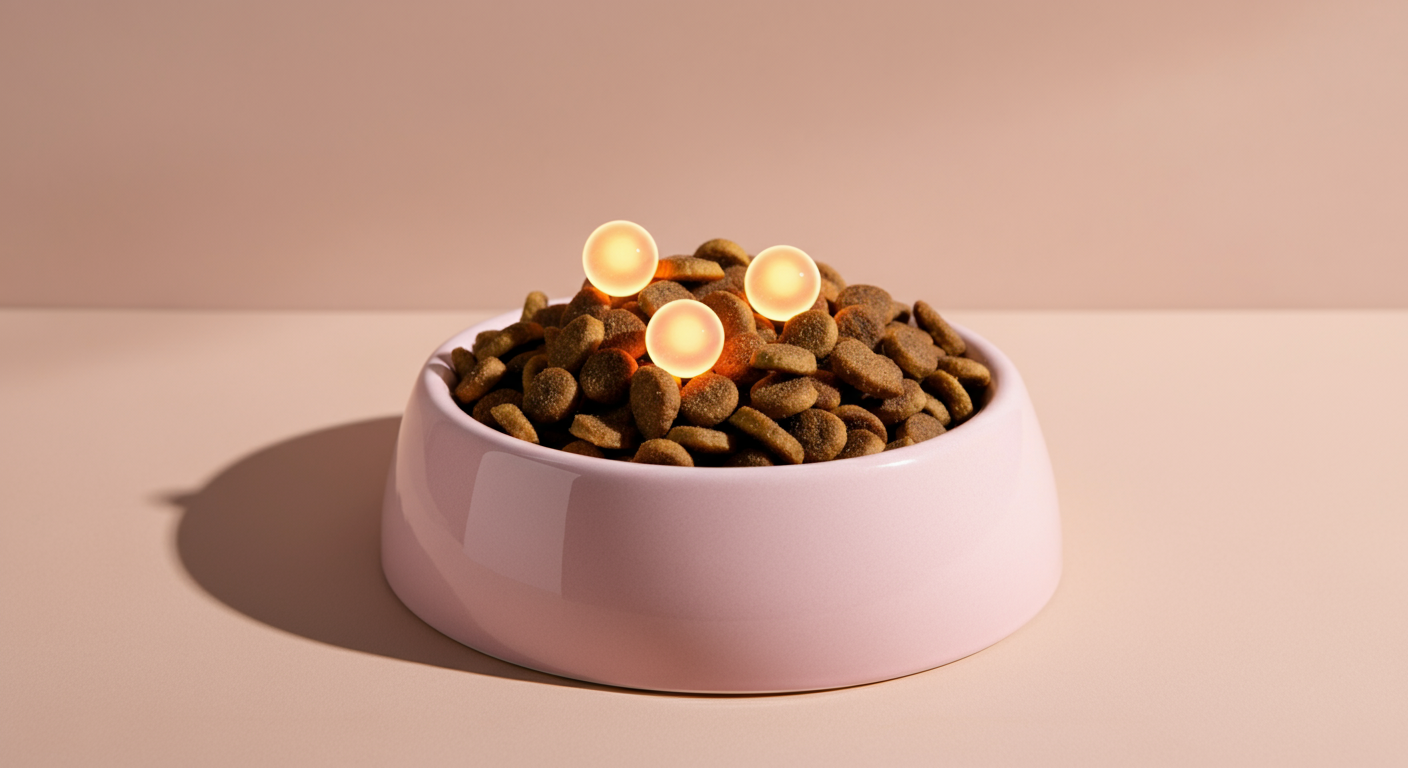 パステルピンクのフードボウルに入ったドッグフードの上に、善玉菌をイメージした光る球体が乗っている抽象的なマクロ写真。