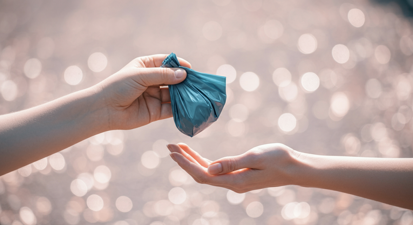 一人の飼い主がもう一人の飼い主に、清潔なうんち袋を一枚手渡している手元のクローズアップ。