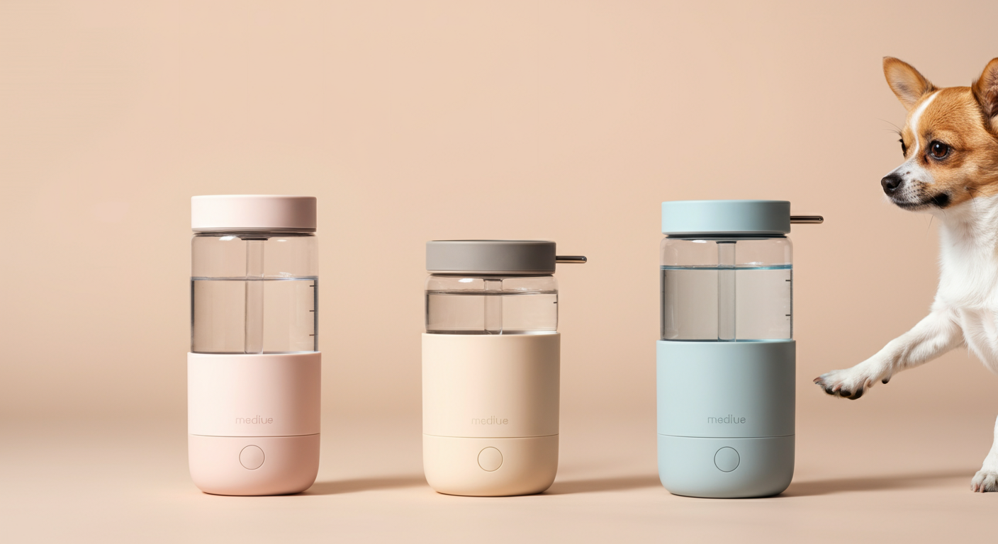 サイズの異なる3つの給水ボトルが並んでおり、一番小さいボトルに犬の前足が触れている。