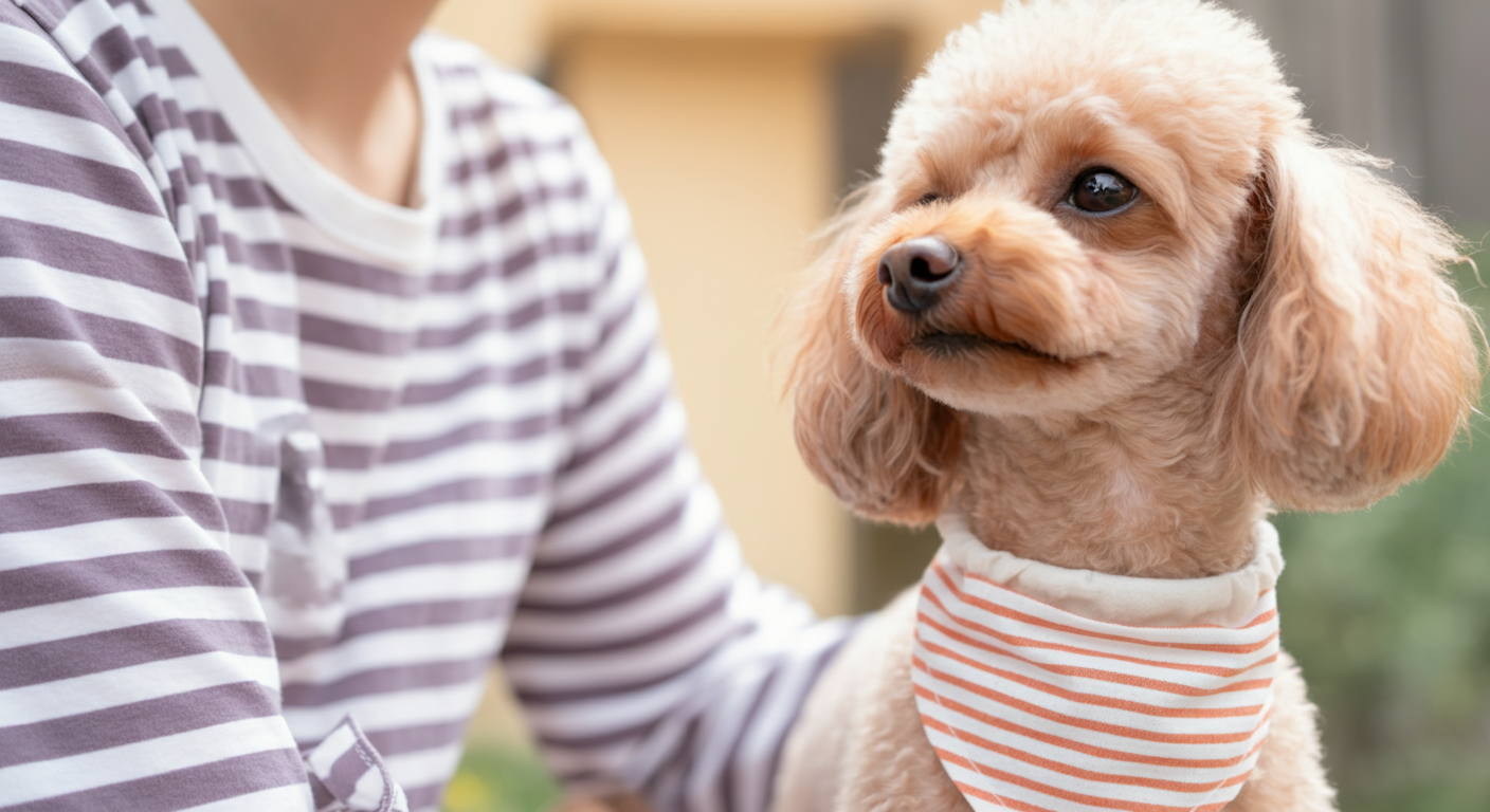 ボーダー柄のシャツを着た人と、お揃いの柄のバンダナをつけたトイプードルが並んでいる。