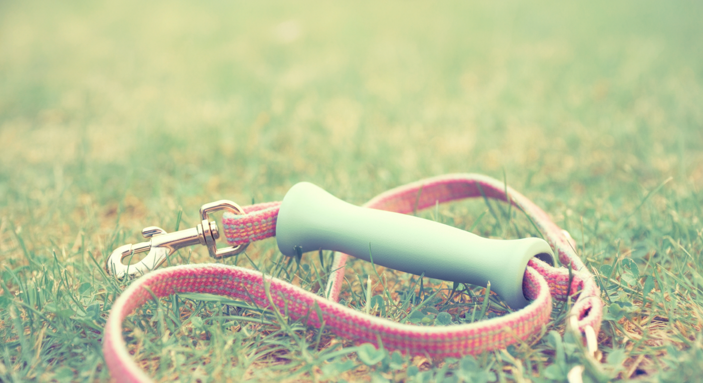 芝生の上に置かれたカラフルなロングリードの持ち手部分に焦点が合った、コントロールされた自由を暗示する写真。