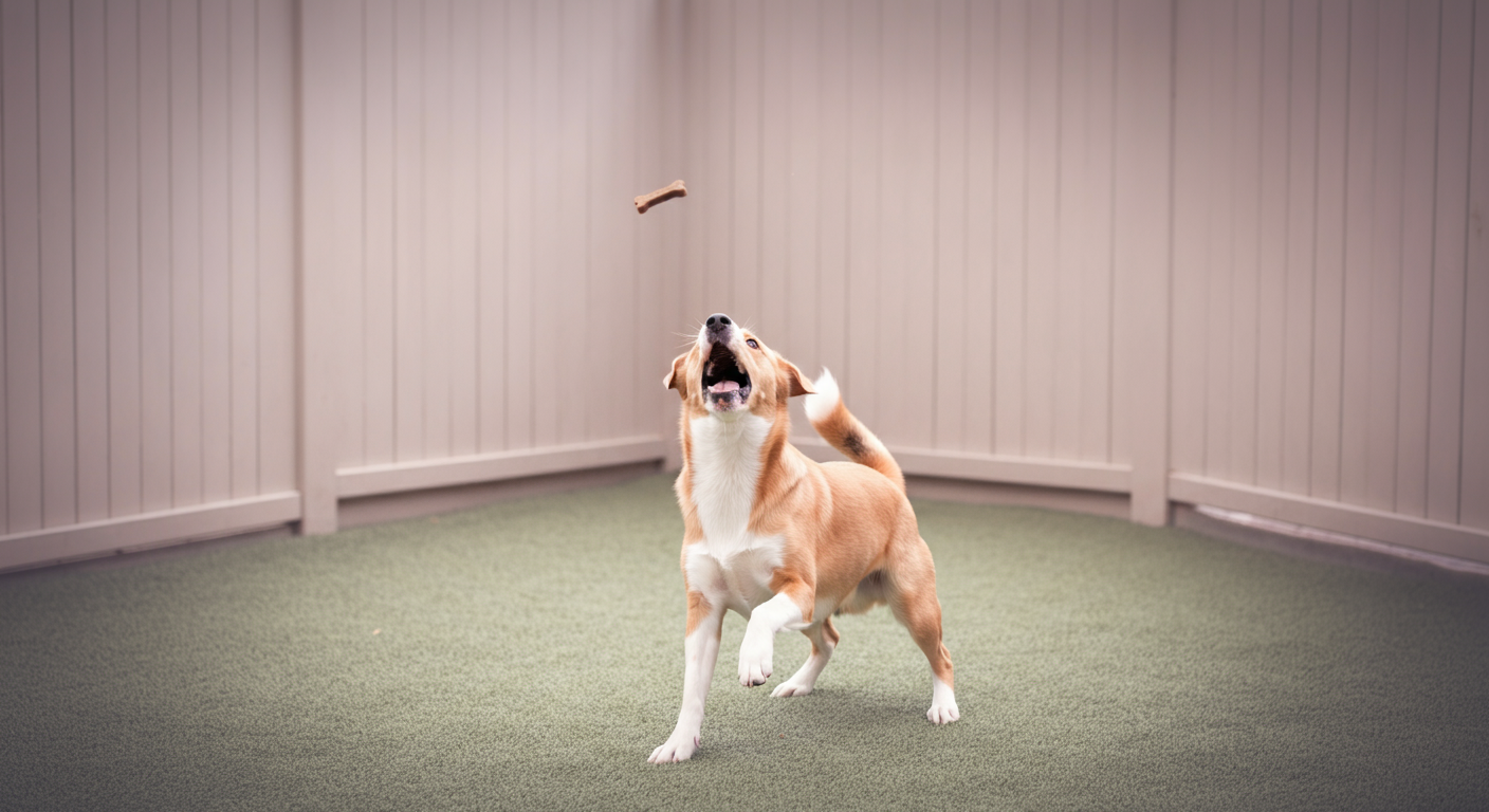 ドッグランの隅で、飼い主から投げられたおやつを嬉しそうにキャッチする犬。